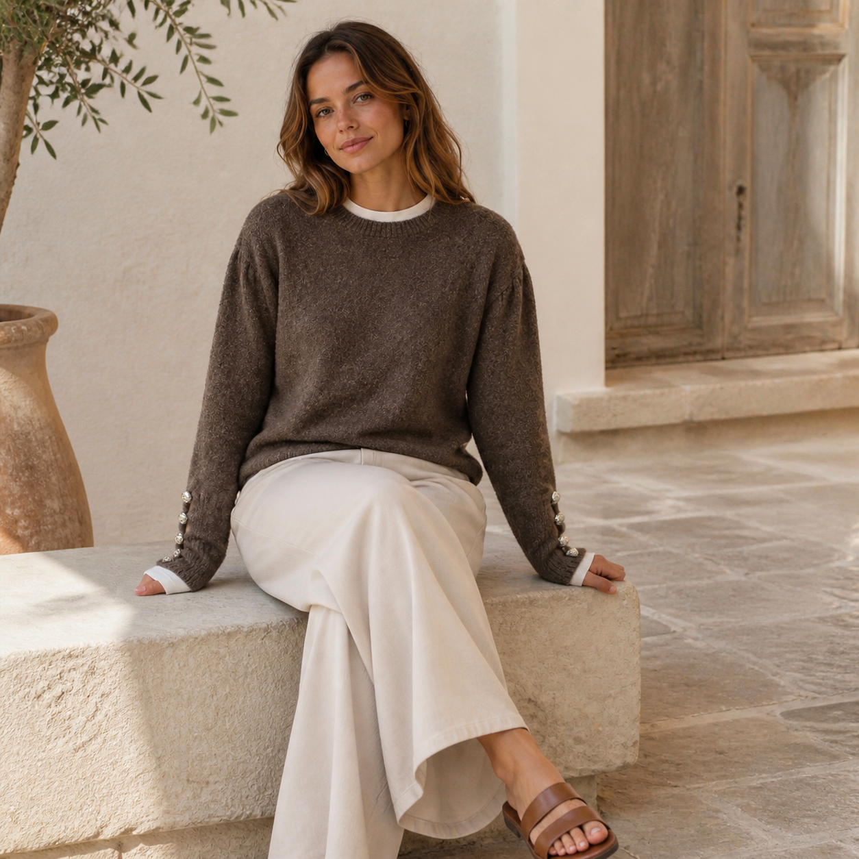 Pull marron en maille à boutons Tsniout — vue 5 — Maille douce riche en laine et élasthanne