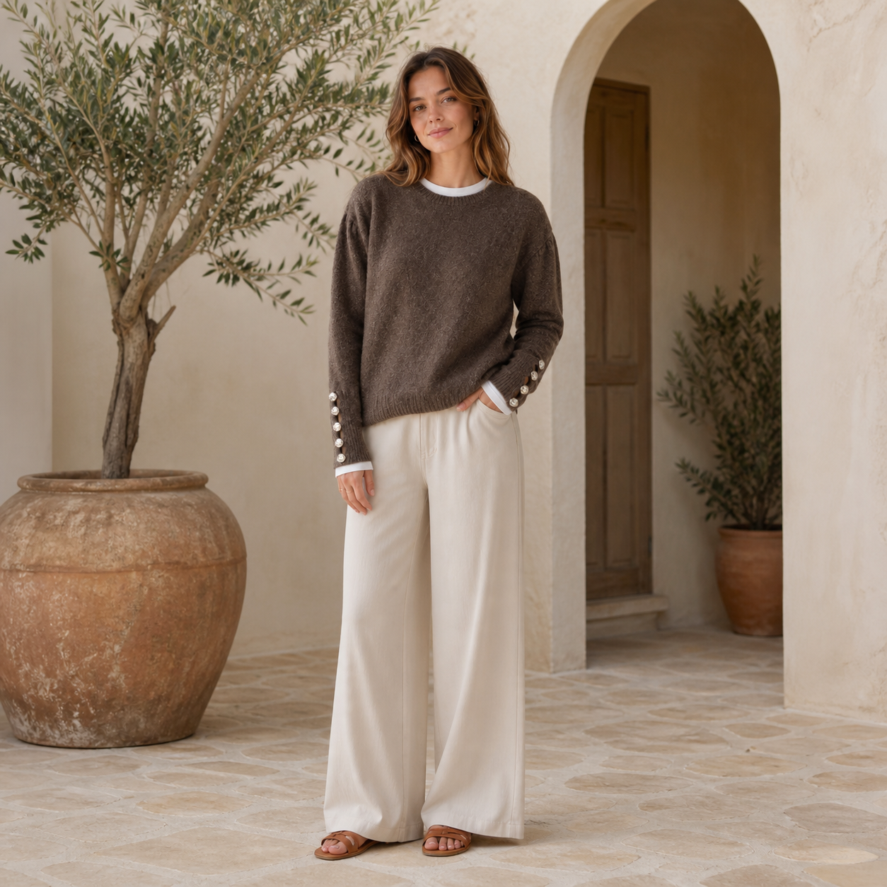 Pull marron en maille à boutons Tsniout — vue 6 — Maille douce riche en laine et élasthanne