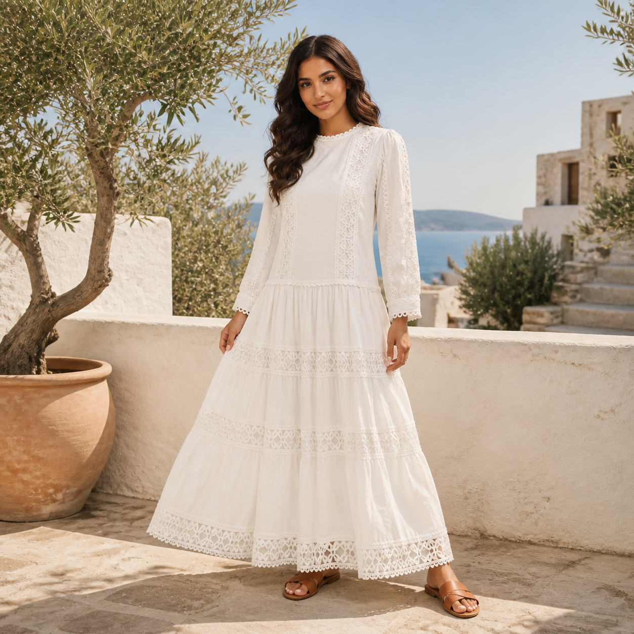 Robe longue écrue bohème brodée à volants Tsniout — vue 6 — 70 % coton, 30 % polyester