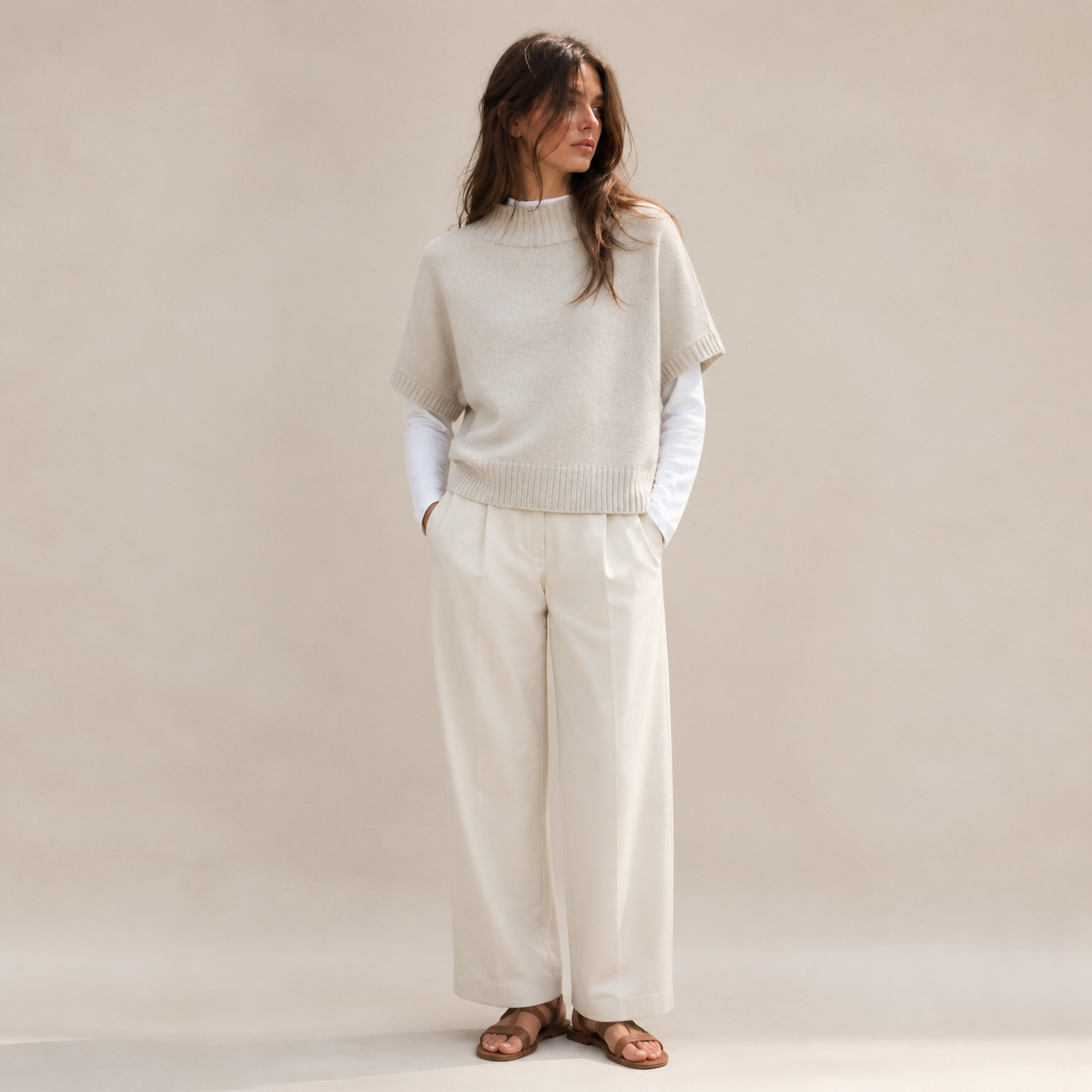 Pull beige en maille à col rond Tsniout — Maille douce beige, finitions côtelées