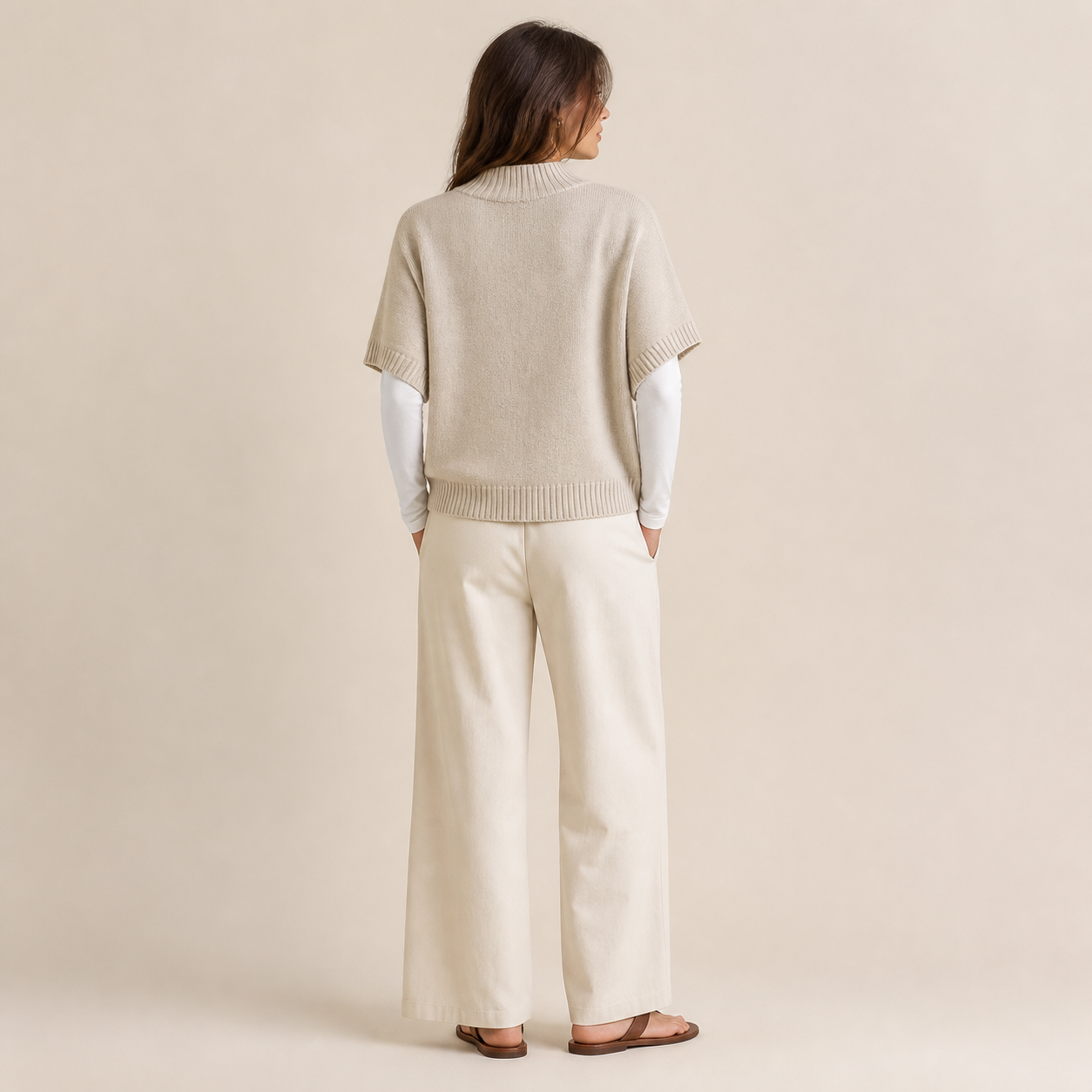 Pull beige en maille à col rond Tsniout — vue 2 — Maille douce beige, finitions côtelées