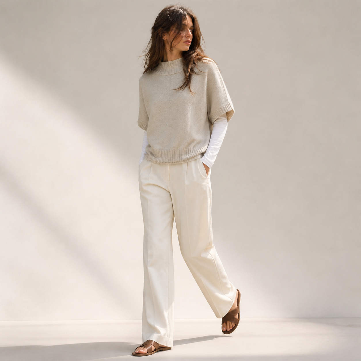 Pull beige en maille à col rond Tsniout — vue 3 — Maille douce beige, finitions côtelées