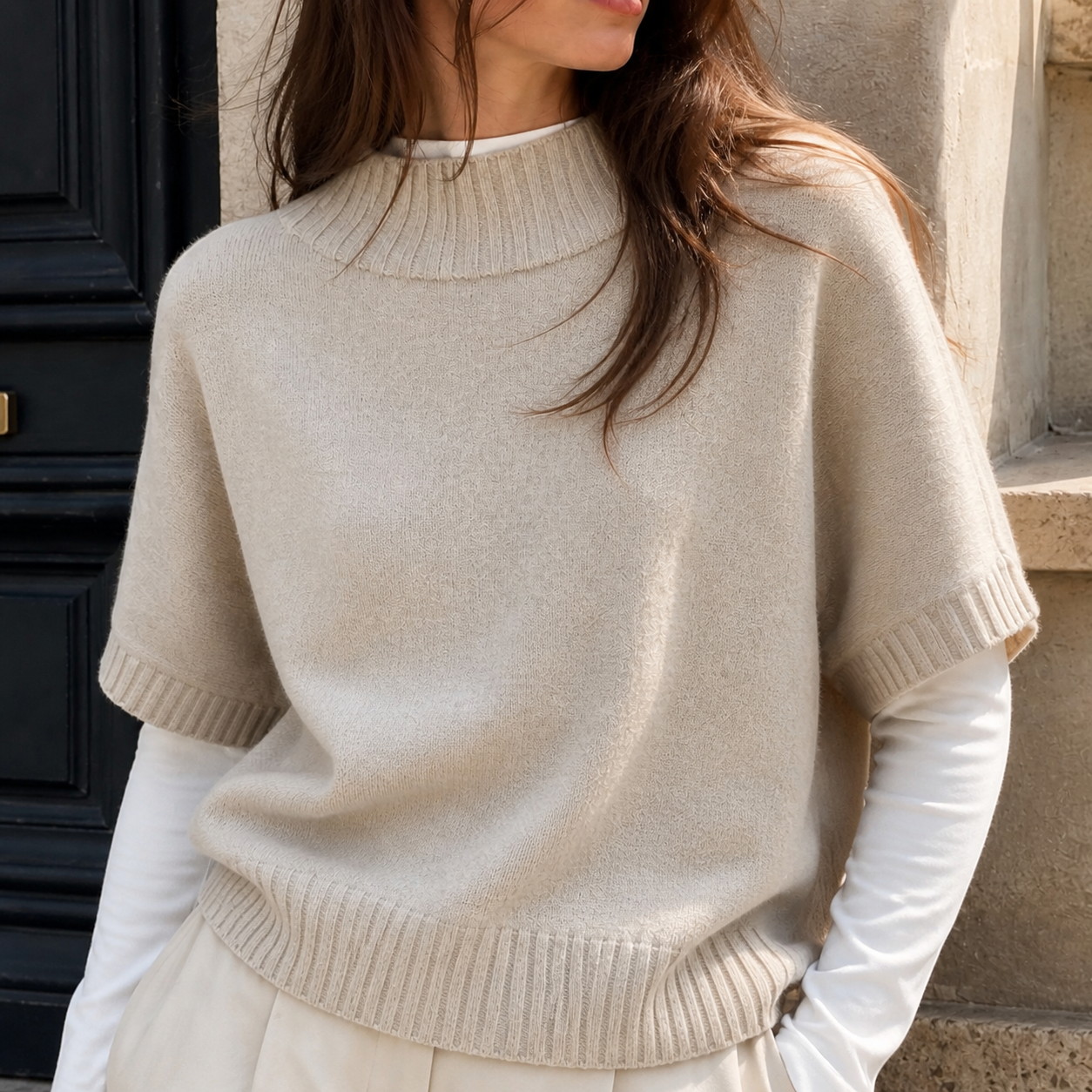 Pull beige en maille à col rond Tsniout — vue 4 — Maille douce beige, finitions côtelées