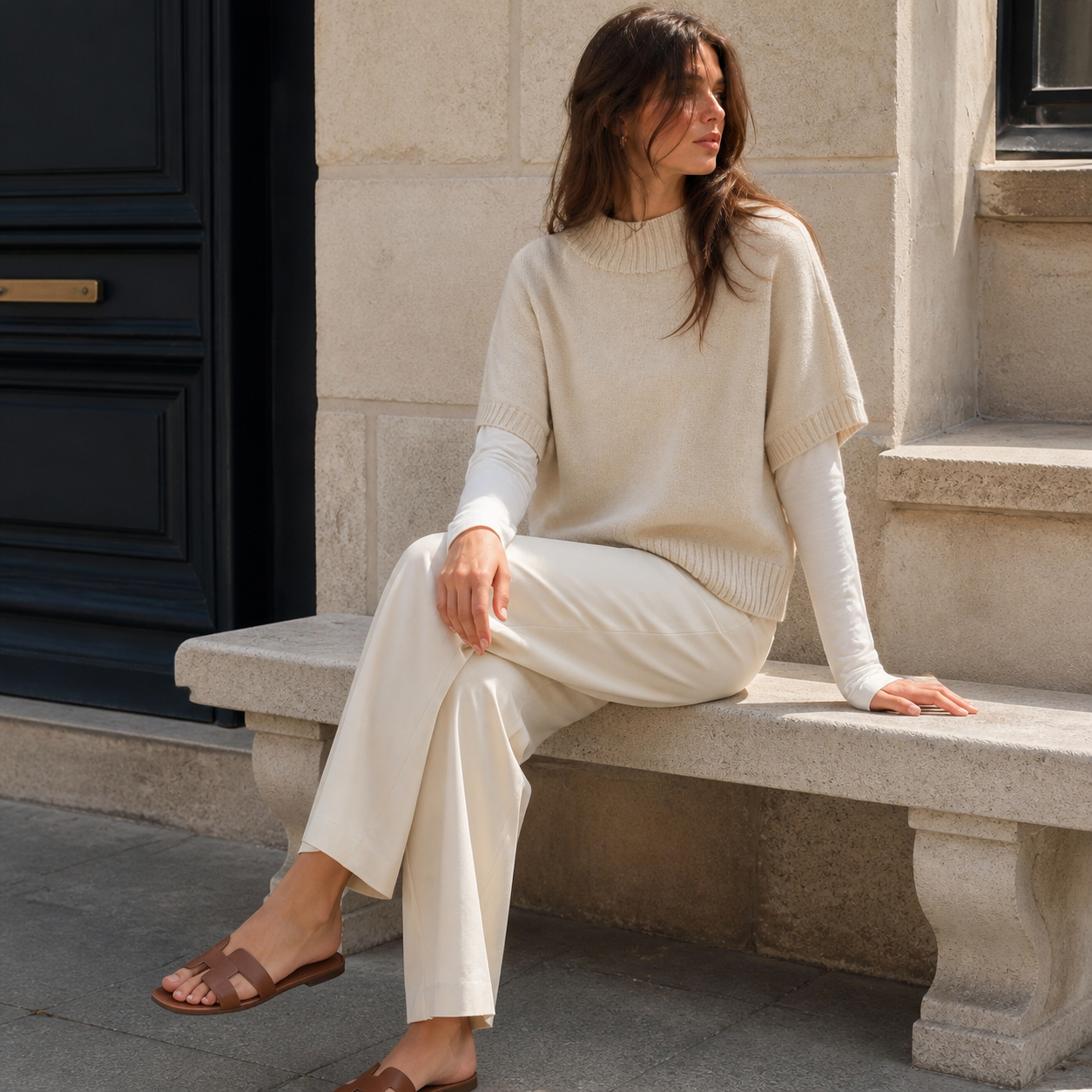 Pull beige en maille à col rond Tsniout — vue 5 — Maille douce beige, finitions côtelées
