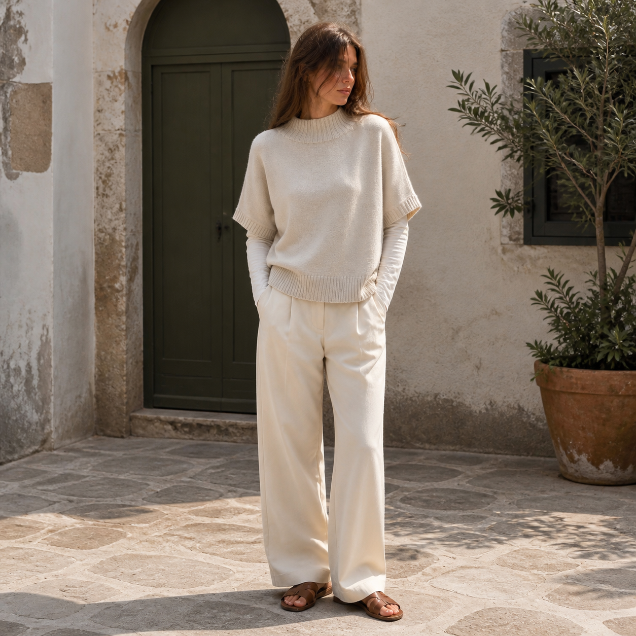 Pull beige en maille à col rond Tsniout — vue 6 — Maille douce beige, finitions côtelées