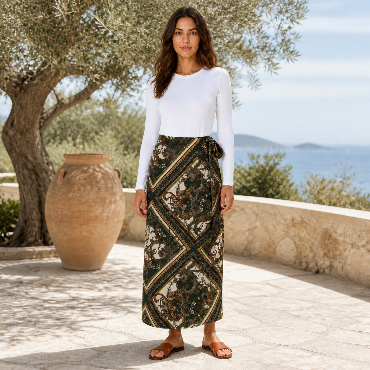 Jupe longue kaki portefeuille imprimée Tsniout — vue 6 — Tissu fluide opaque, imprimé façon foulard