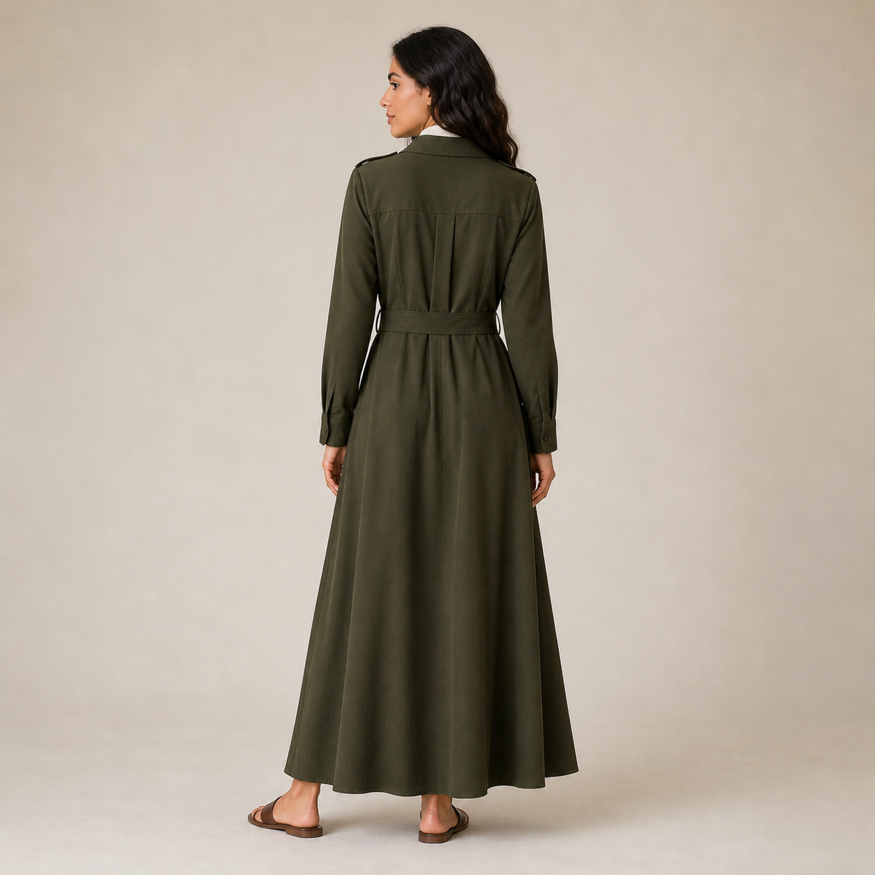 Robe longue kaki safari ceinturée Tsniout — vue 2 — 97 % viscose, 3 % élasthanne