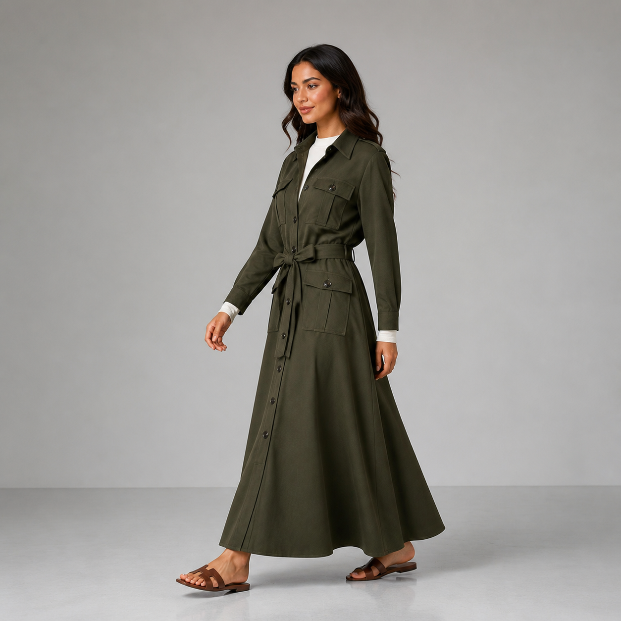 Robe longue kaki safari ceinturée Tsniout — vue 3 — 97 % viscose, 3 % élasthanne