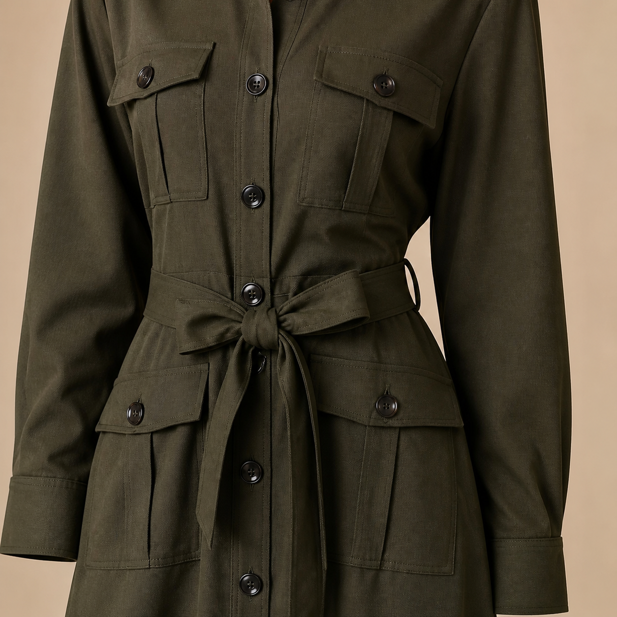 Robe longue kaki safari ceinturée Tsniout — vue 4 — 97 % viscose, 3 % élasthanne