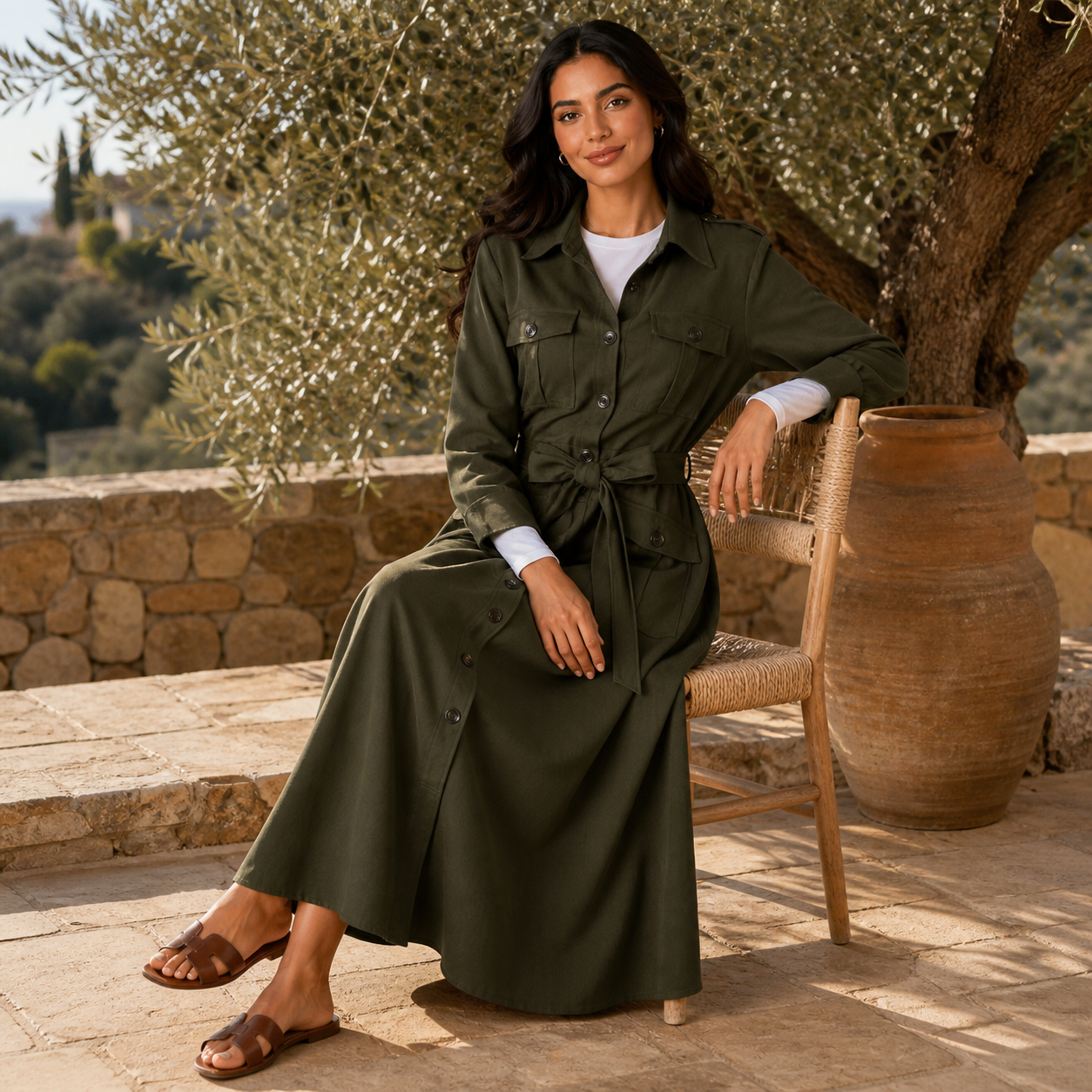 Robe longue kaki safari ceinturée Tsniout — vue 5 — 97 % viscose, 3 % élasthanne