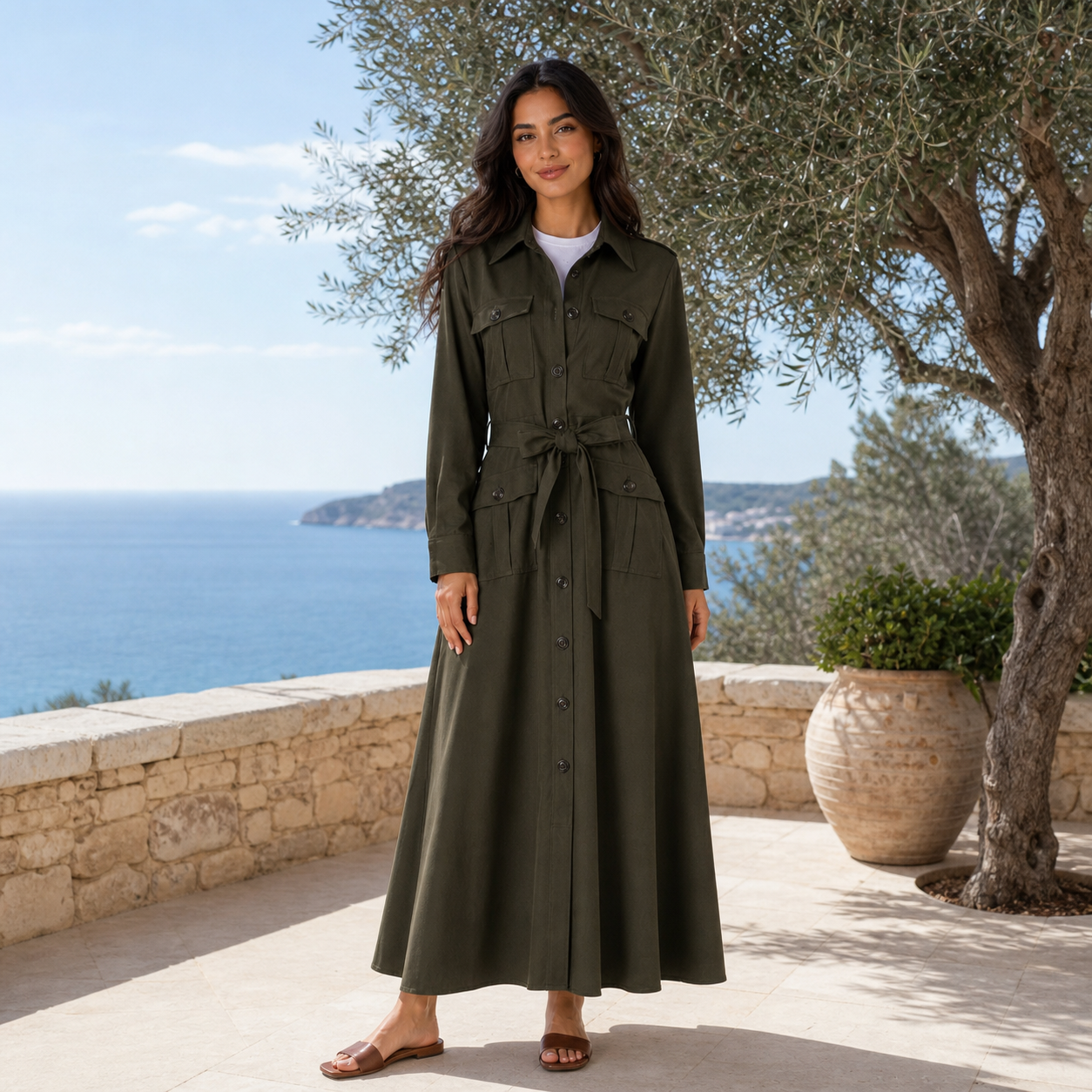 Robe longue kaki safari ceinturée Tsniout — vue 6 — 97 % viscose, 3 % élasthanne