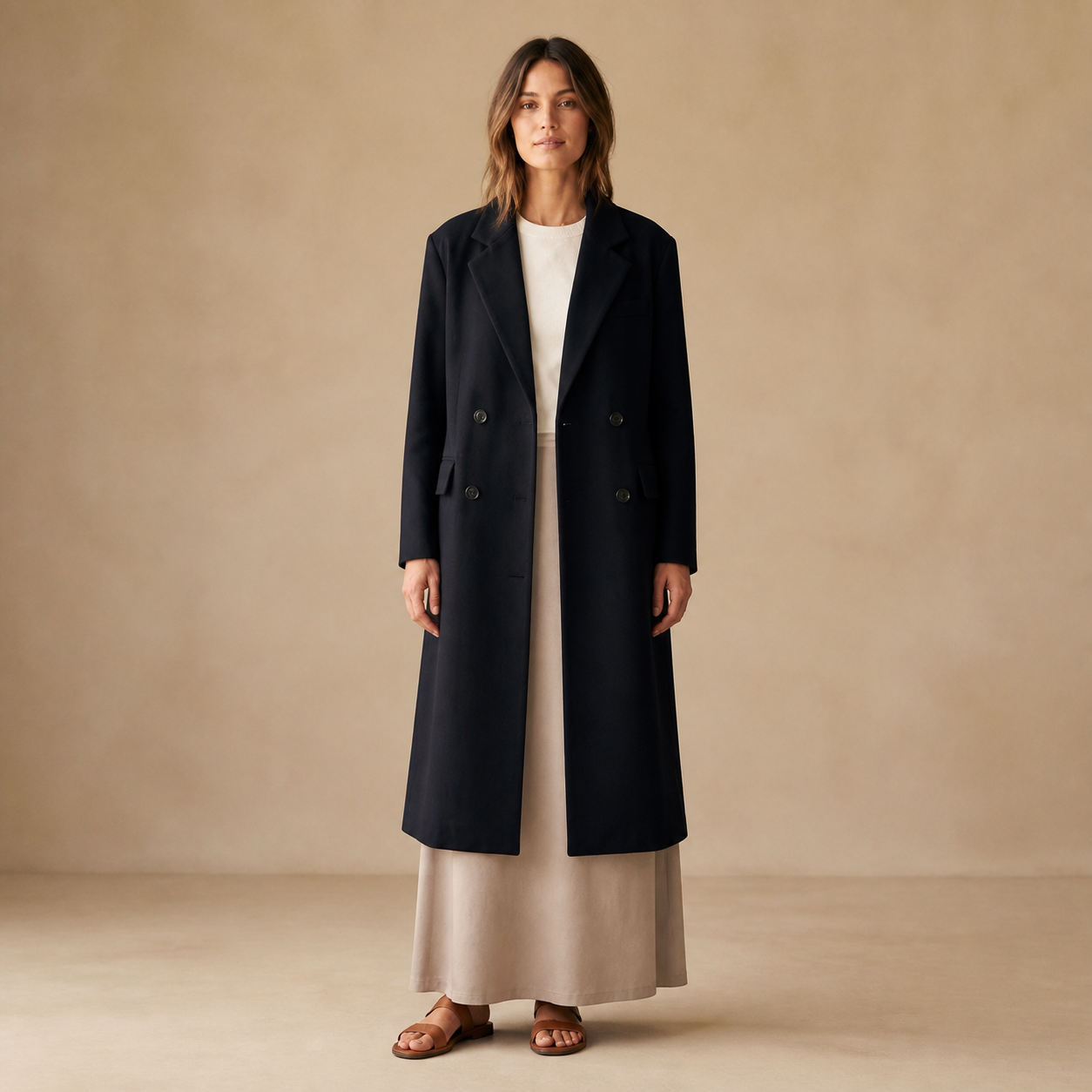 Manteau noir long à double boutonnage Tsniout — Tissu extérieur structuré, doublure confortable