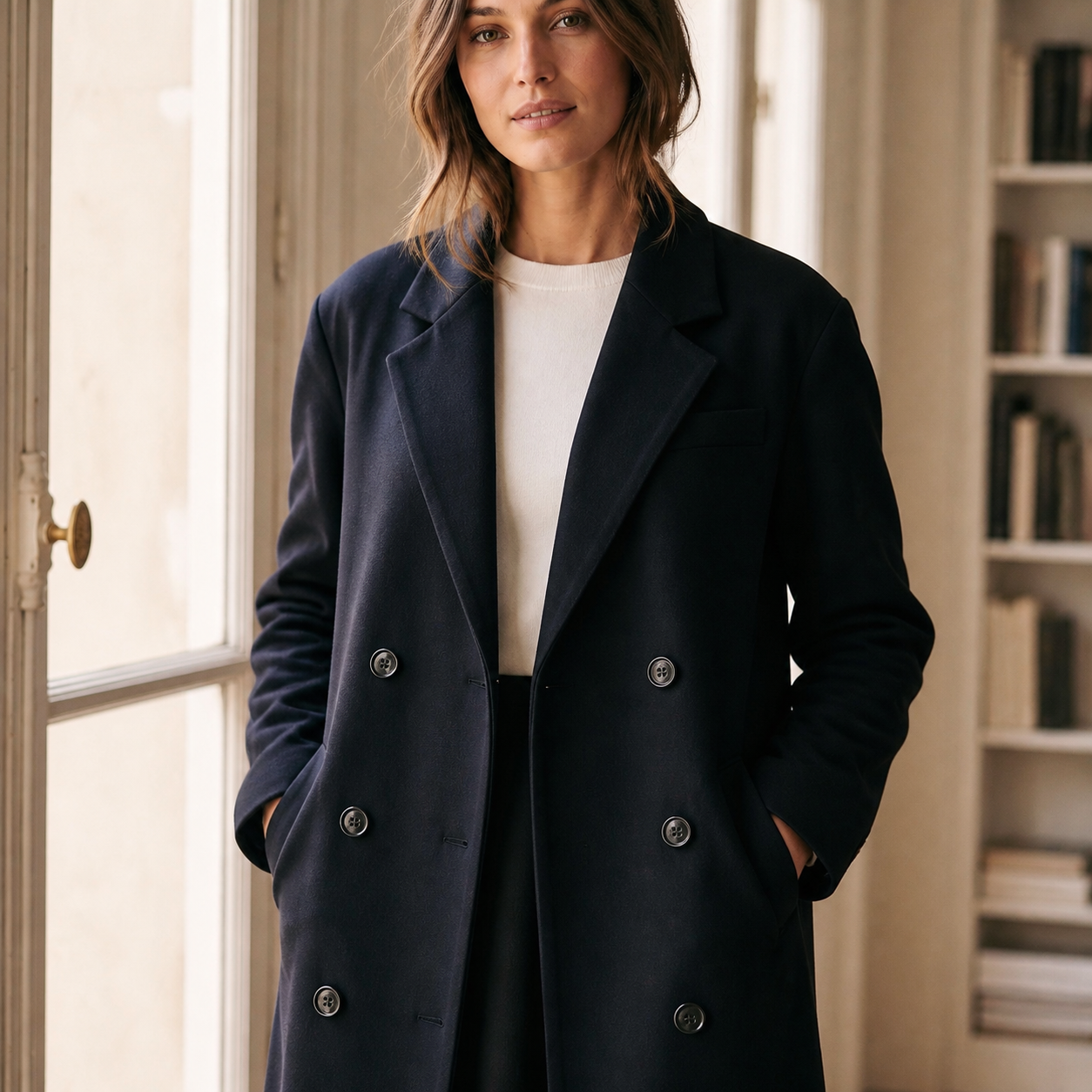 Manteau noir long à double boutonnage Tsniout — vue 4 — Tissu extérieur structuré, doublure confortable