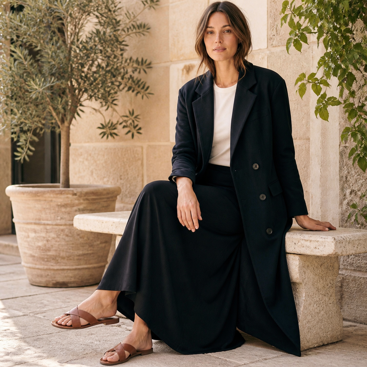 Manteau noir long à double boutonnage Tsniout — vue 5 — Tissu extérieur structuré, doublure confortable
