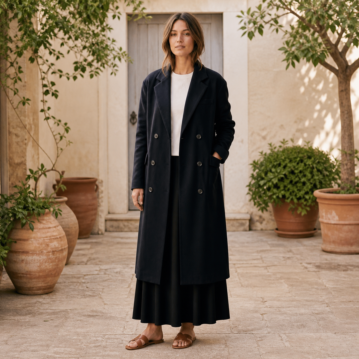 Manteau noir long à double boutonnage Tsniout — vue 6 — Tissu extérieur structuré, doublure confortable