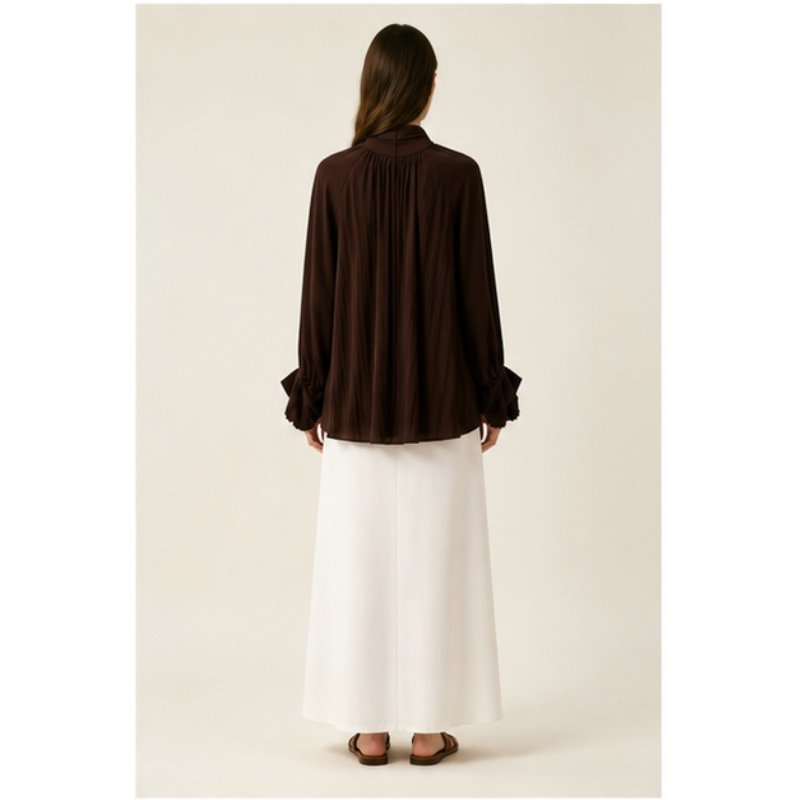 Blouse chocolat plissée à nœud Tsniout — vue 2 — Tissu fluide plissé