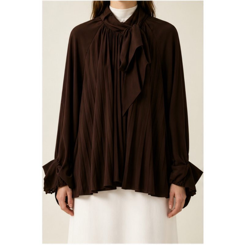 Blouse chocolat plissée à nœud Tsniout — vue 4 — Tissu fluide plissé