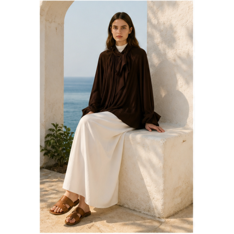 Blouse chocolat plissée à nœud Tsniout — vue 5 — Tissu fluide plissé