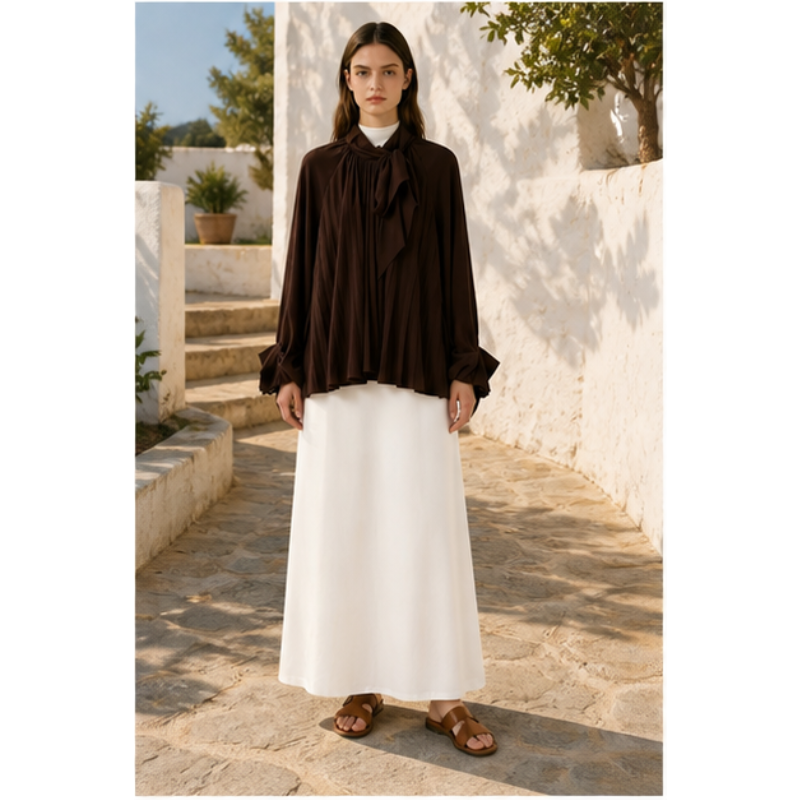 Blouse chocolat plissée à nœud Tsniout — vue 6 — Tissu fluide plissé