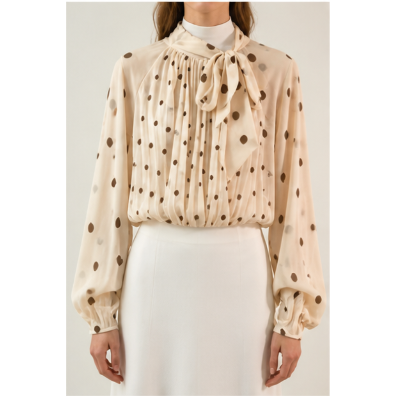 Blouse beige à pois et nœud Tsniout — vue 4 — Tissu léger à pois