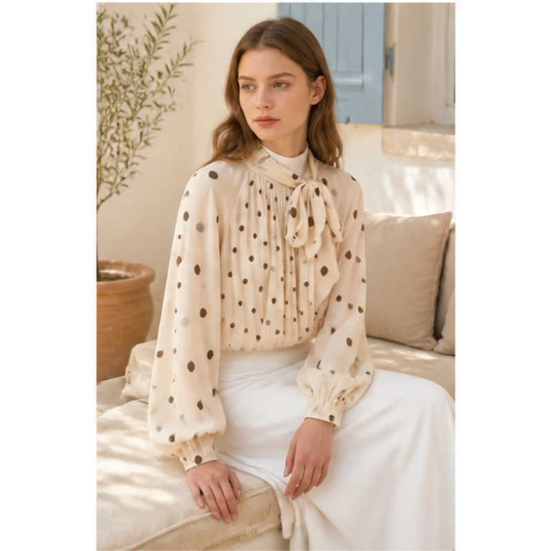 Blouse beige à pois et nœud Tsniout — vue 5 — Tissu léger à pois