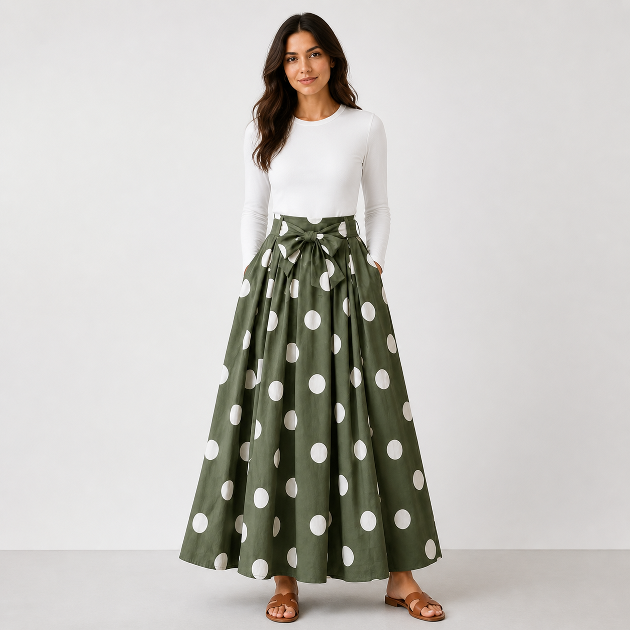 Jupe longue verte à pois blancs et ceinture Tsniout — Coton 100 % opaque, tissu léger et respirant