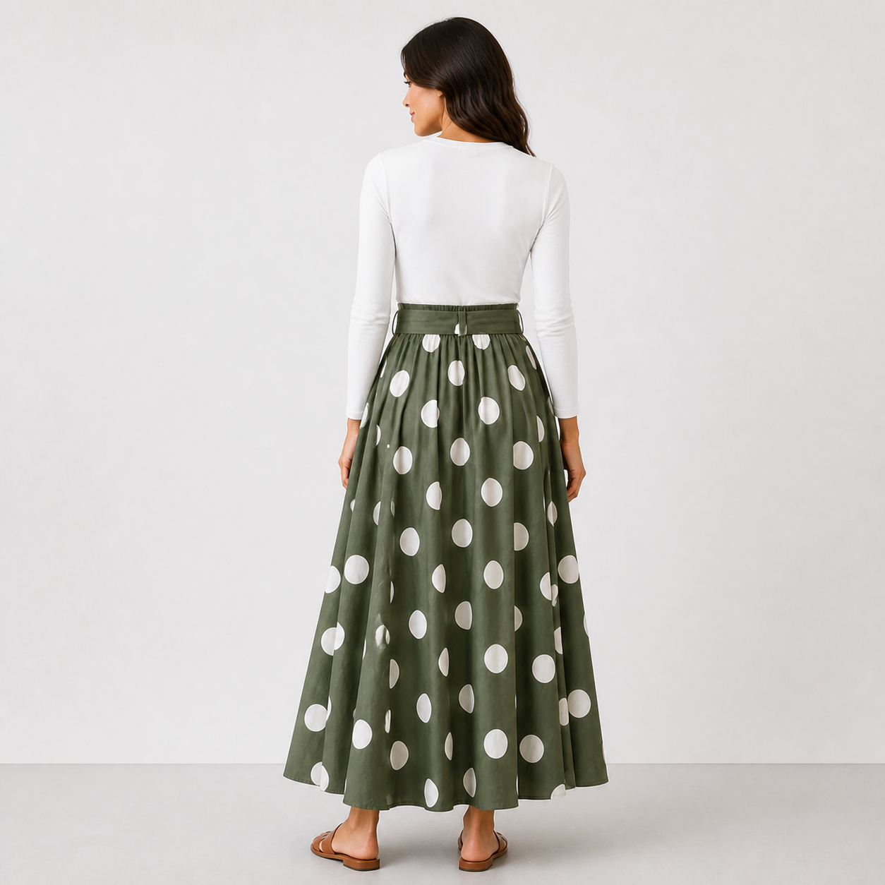 Jupe longue verte à pois blancs et ceinture Tsniout — vue 2 — Coton 100 % opaque, tissu léger et respirant