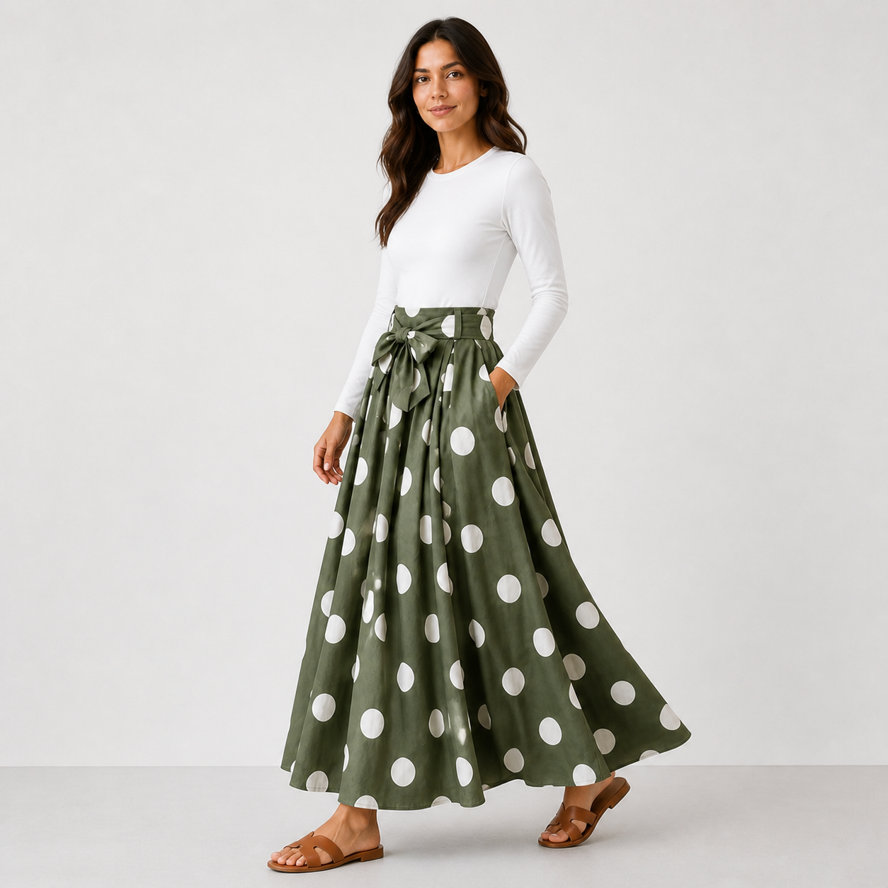 Jupe longue verte à pois blancs et ceinture Tsniout — vue 3 — Coton 100 % opaque, tissu léger et respirant