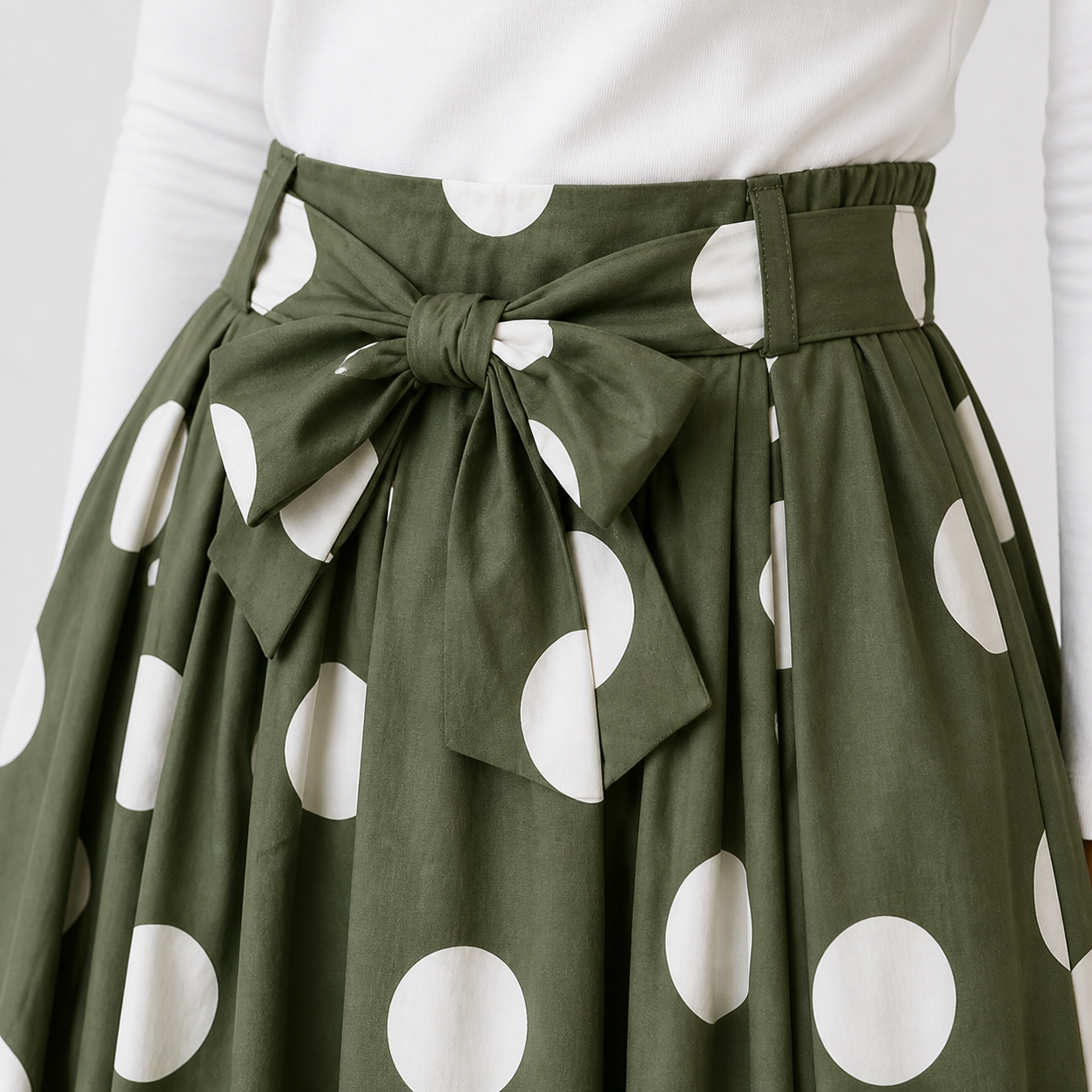 Jupe longue verte à pois blancs et ceinture Tsniout — vue 4 — Coton 100 % opaque, tissu léger et respirant