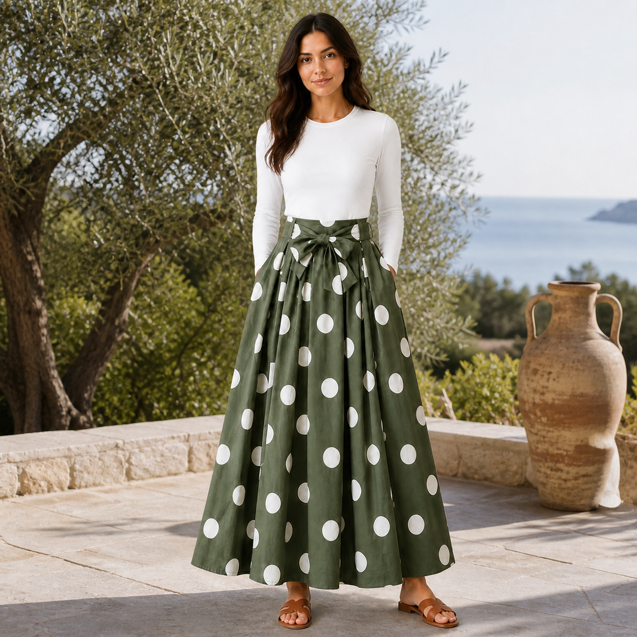 Jupe longue verte à pois blancs et ceinture Tsniout — vue 6 — Coton 100 % opaque, tissu léger et respirant