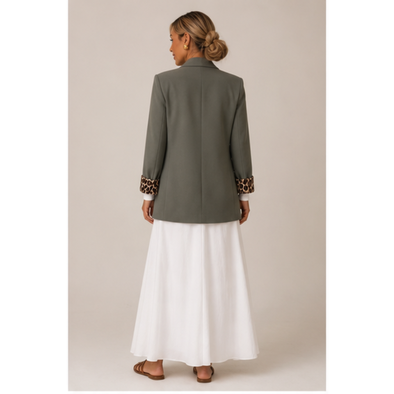 Blazer kaki à manches léopard Tsniout — vue 2 — Tissu souple, revers léopard
