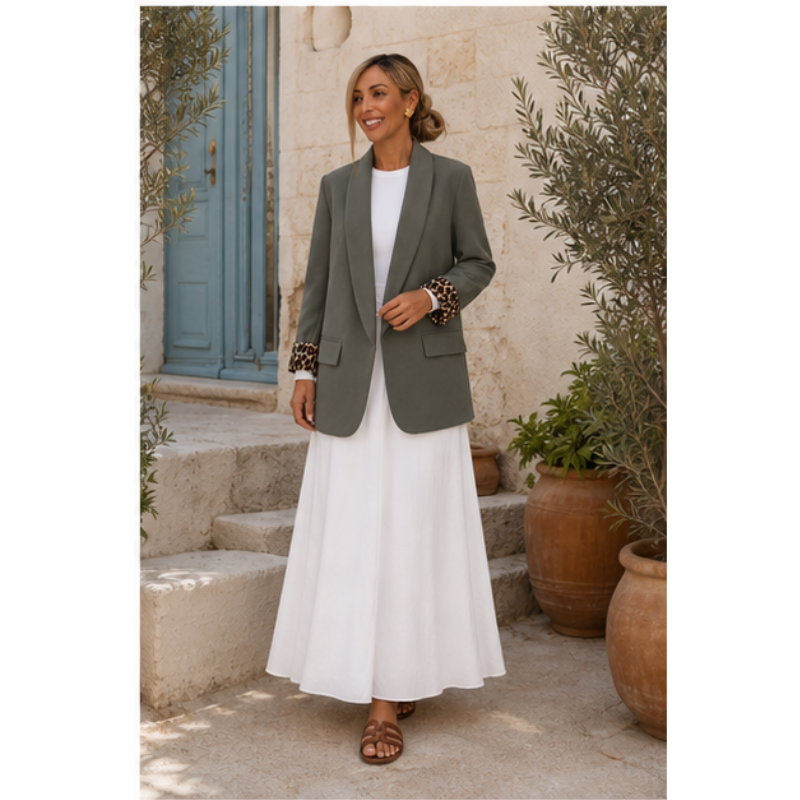 Blazer kaki à manches léopard Tsniout — vue 3 — Tissu souple, revers léopard