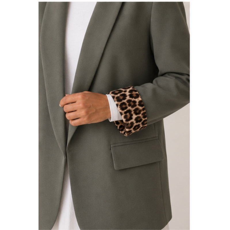 Blazer kaki à manches léopard Tsniout — vue 4 — Tissu souple, revers léopard
