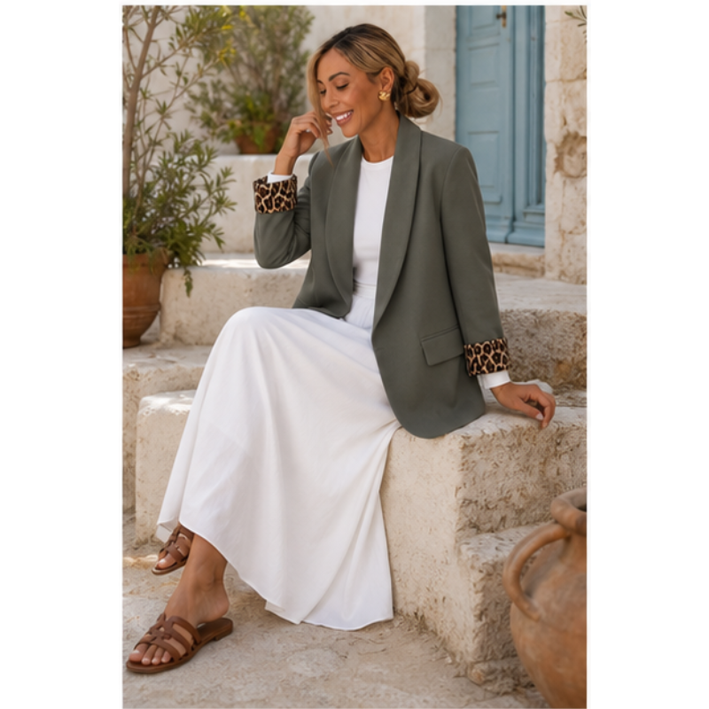 Blazer kaki à manches léopard Tsniout — vue 5 — Tissu souple, revers léopard