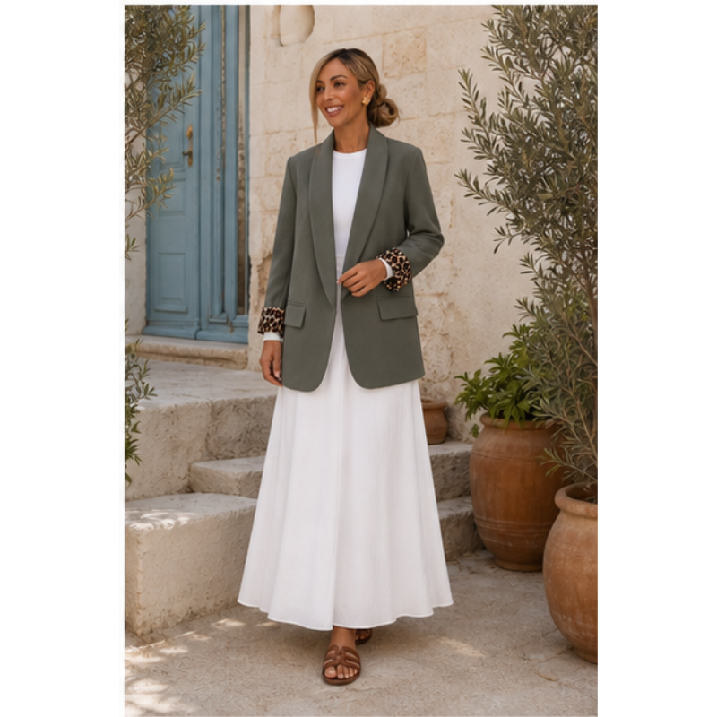 Blazer kaki à manches léopard Tsniout — vue 6 — Tissu souple, revers léopard