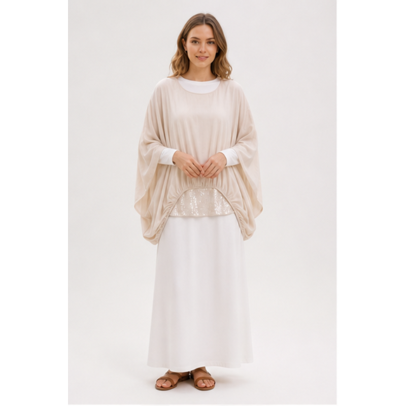 Tunique fluide beige bi-matière pailletée Tsniout — Viscose et soie, maille stretch pailletée
