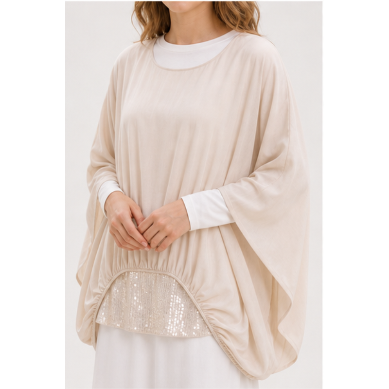 Tunique fluide beige bi-matière pailletée Tsniout — vue 4 — Viscose et soie, maille stretch pailletée