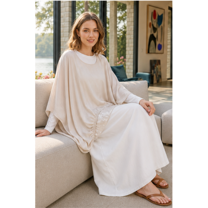 Tunique fluide beige bi-matière pailletée Tsniout — vue 5 — Viscose et soie, maille stretch pailletée