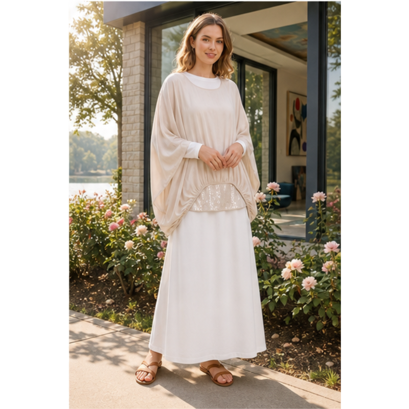 Tunique fluide beige bi-matière pailletée Tsniout — vue 6 — Viscose et soie, maille stretch pailletée