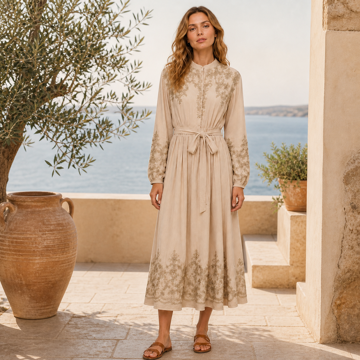 Robe longue taupe brodée Tsniout — vue 6 — Viscose douce opaque, broderies décoratives et coupe fluide