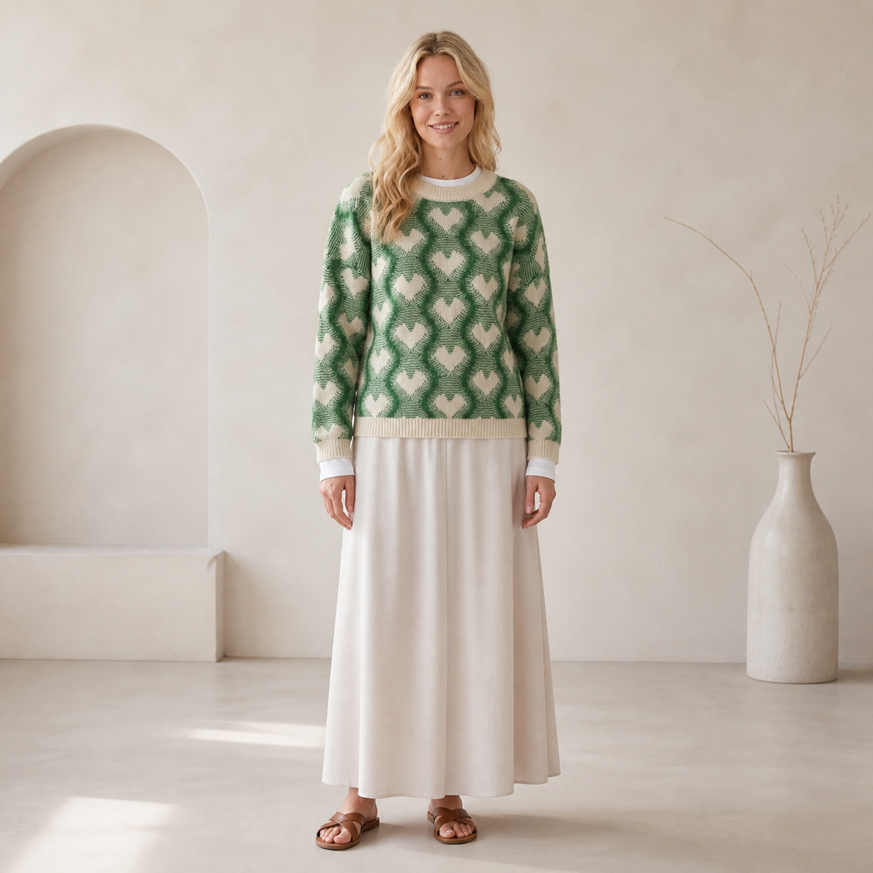 Pull vert sapin à motifs cœurs Tsniout — Maille douce et chaude en polyamide et polyester
