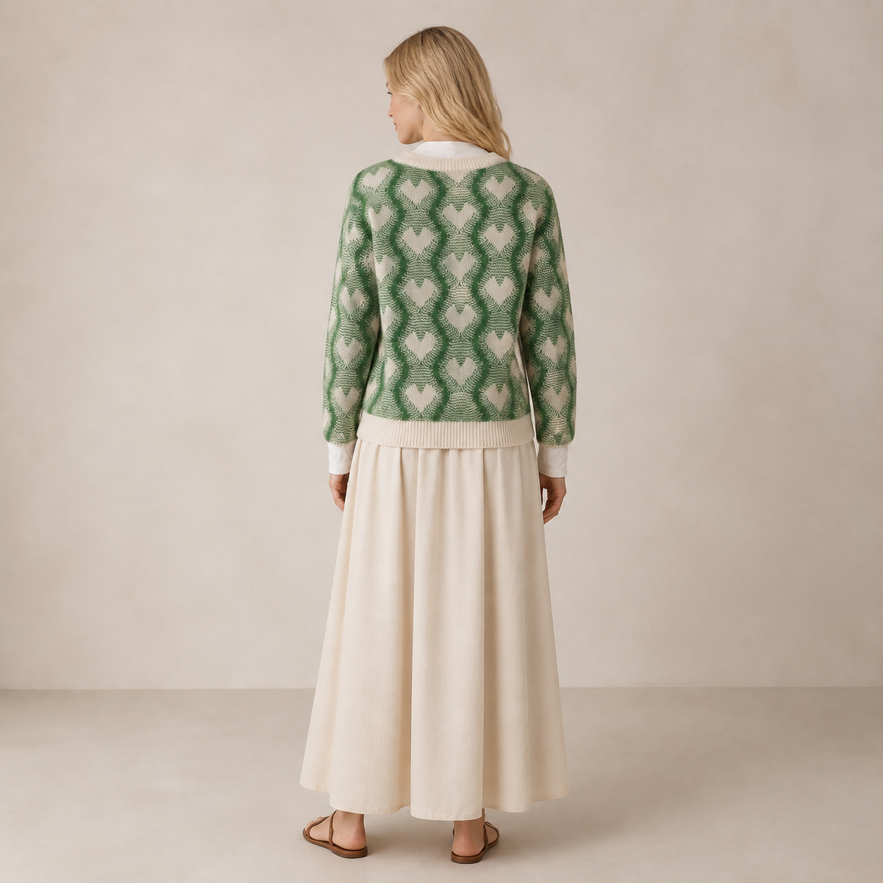 Pull vert sapin à motifs cœurs Tsniout — vue 2 — Maille douce et chaude en polyamide et polyester