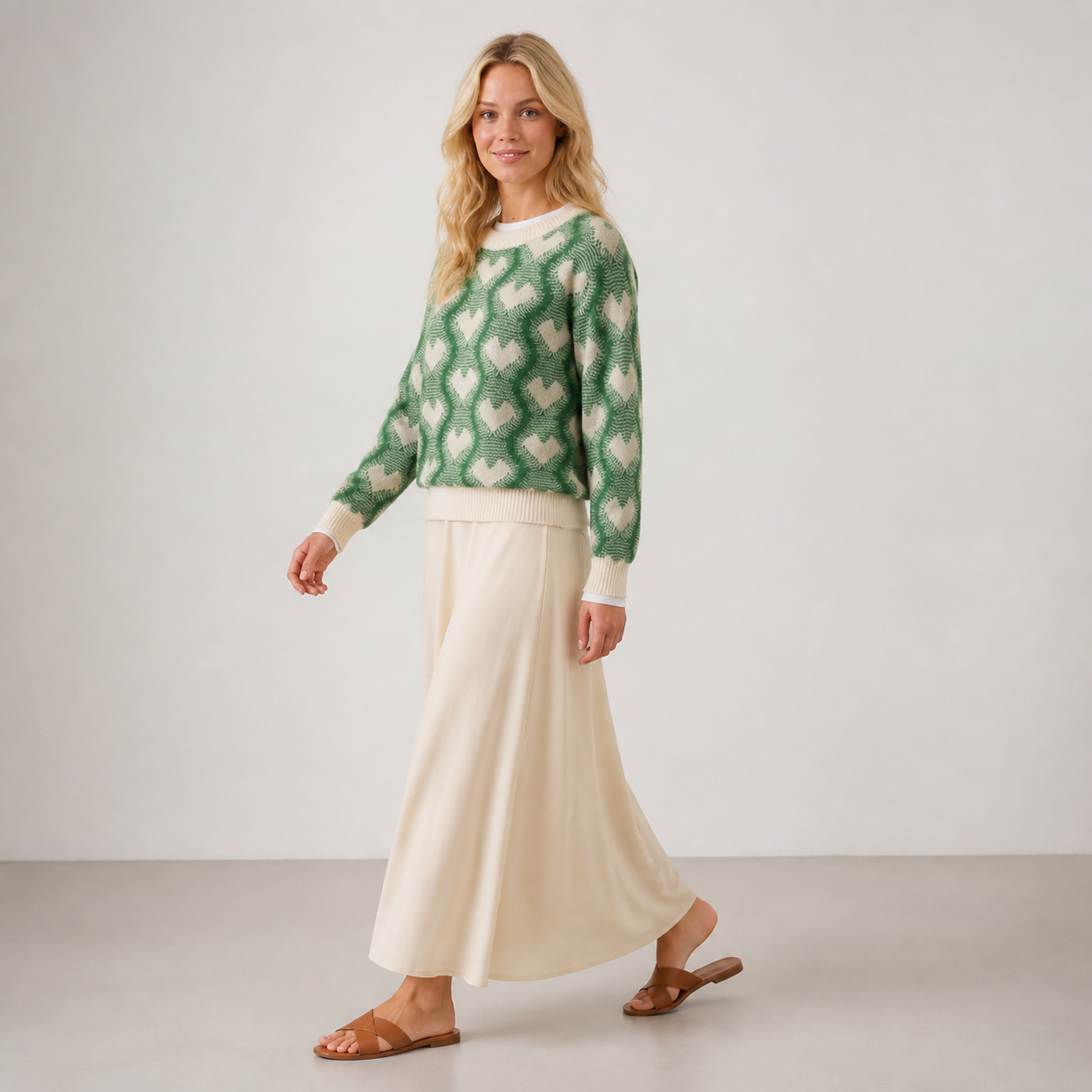 Pull vert sapin à motifs cœurs Tsniout — vue 3 — Maille douce et chaude en polyamide et polyester