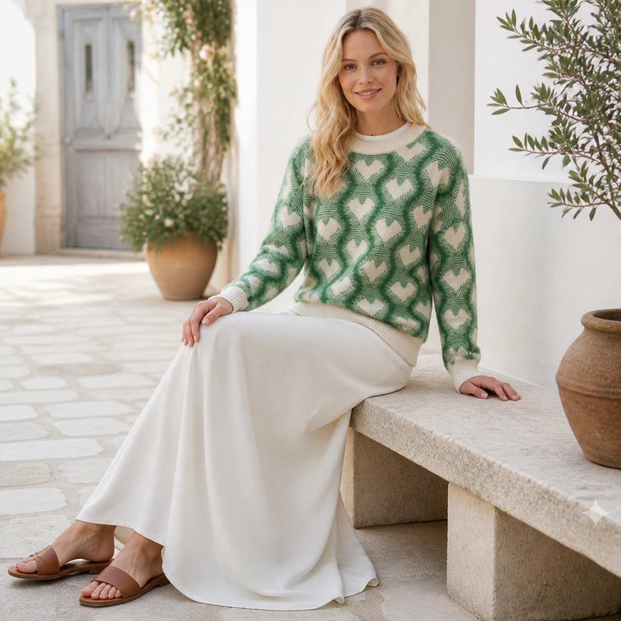Pull vert sapin à motifs cœurs Tsniout — vue 5 — Maille douce et chaude en polyamide et polyester
