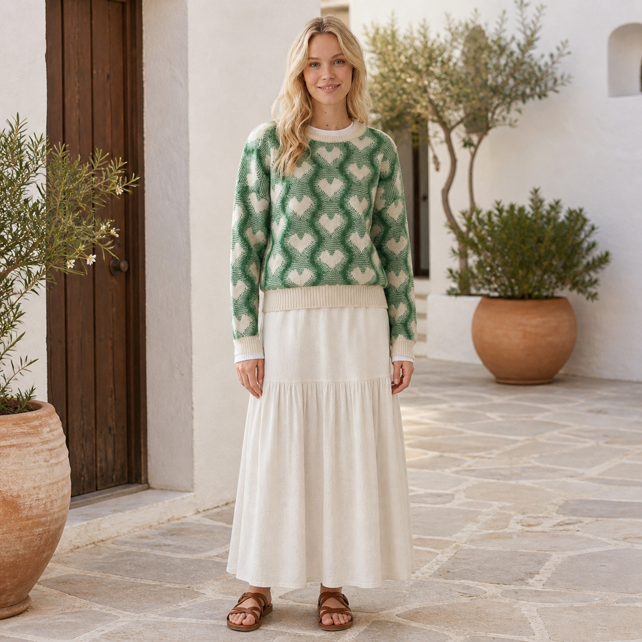 Pull vert sapin à motifs cœurs Tsniout — vue 6 — Maille douce et chaude en polyamide et polyester