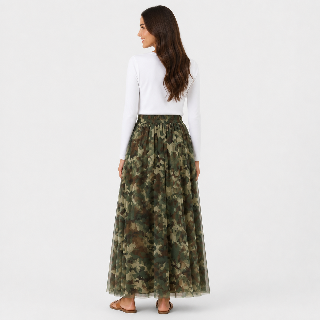 Jupe longue tulle camouflage militaire Tsniout — vue 2 — Tulle léger opaque doublé, motif camouflage