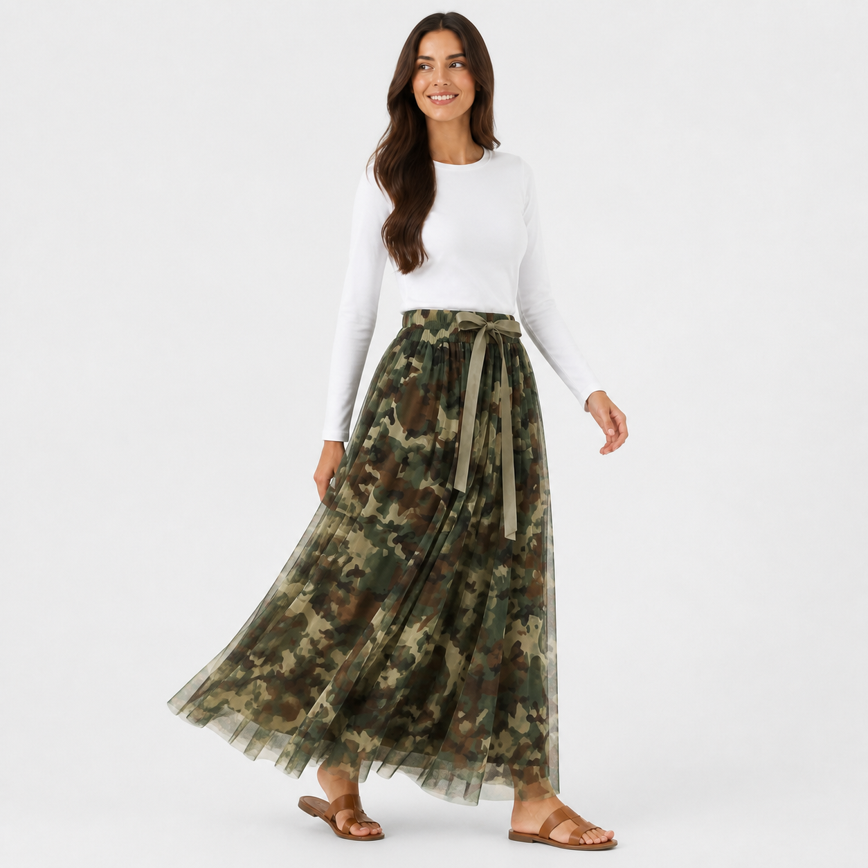 Jupe longue tulle camouflage militaire Tsniout — vue 3 — Tulle léger opaque doublé, motif camouflage