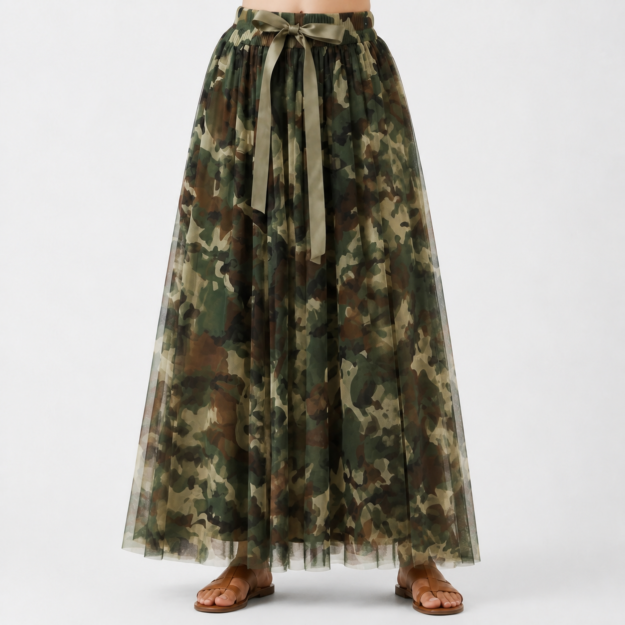 Jupe longue tulle camouflage militaire Tsniout — vue 4 — Tulle léger opaque doublé, motif camouflage