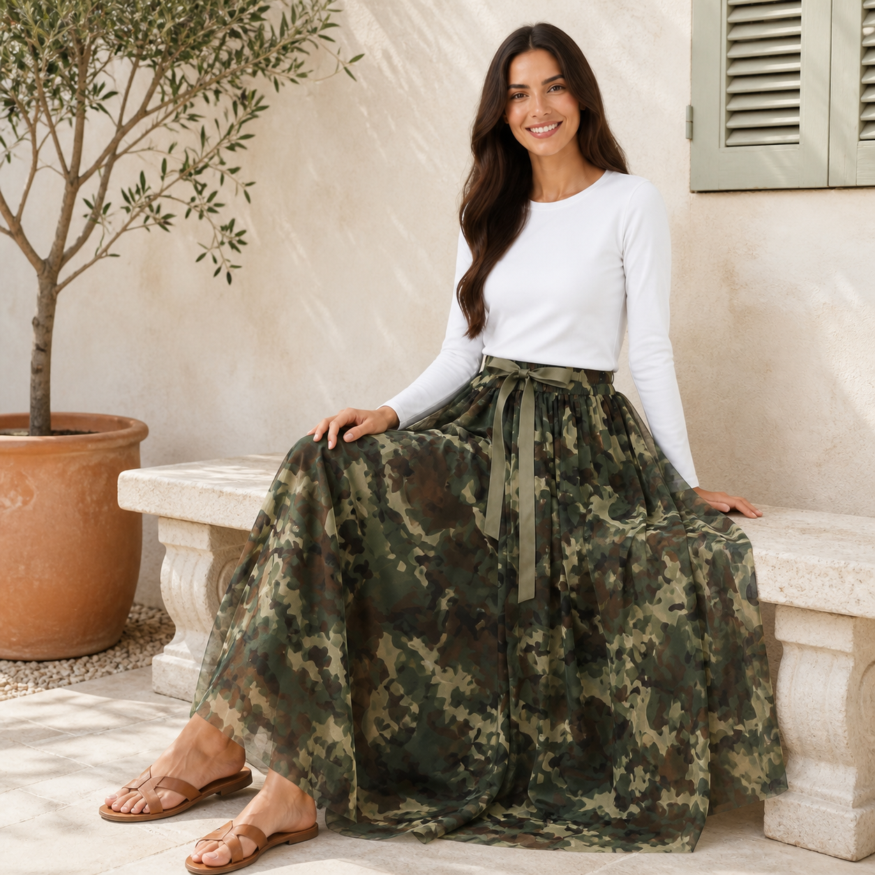 Jupe longue tulle camouflage militaire Tsniout — vue 5 — Tulle léger opaque doublé, motif camouflage