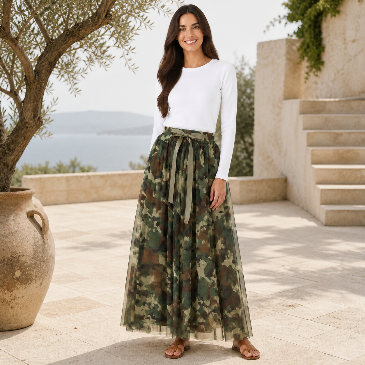 Jupe longue tulle camouflage militaire Tsniout — vue 6 — Tulle léger opaque doublé, motif camouflage